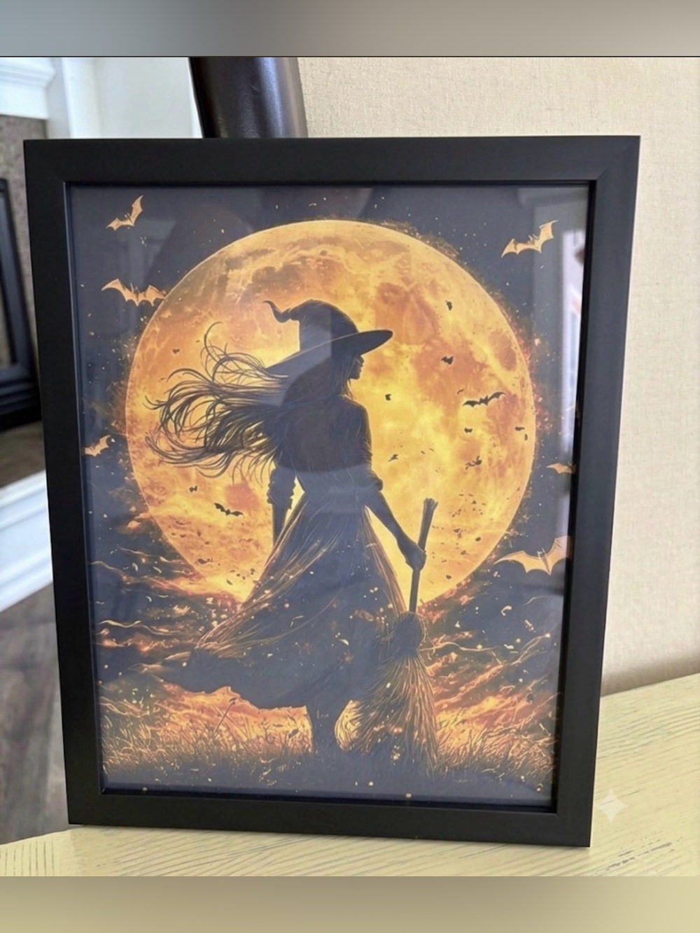 Witch Silhouette with Full Moon – Framed Halloween Art Print (8x10)